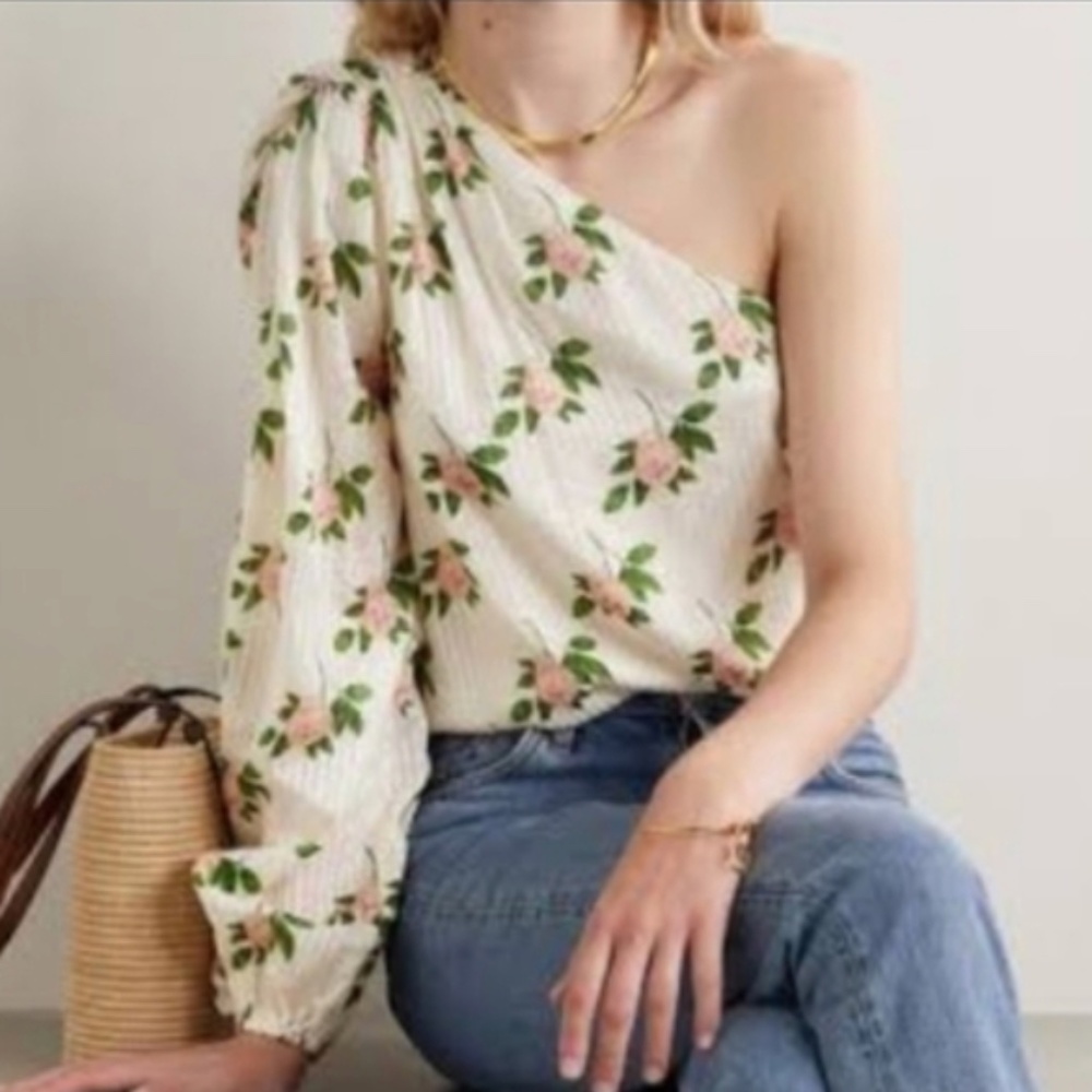 Cami NYC Womens Lenore Rose Silk Blend Asymmetrical Ruched Puff Sleeve Blouse - Picture 1 of 11